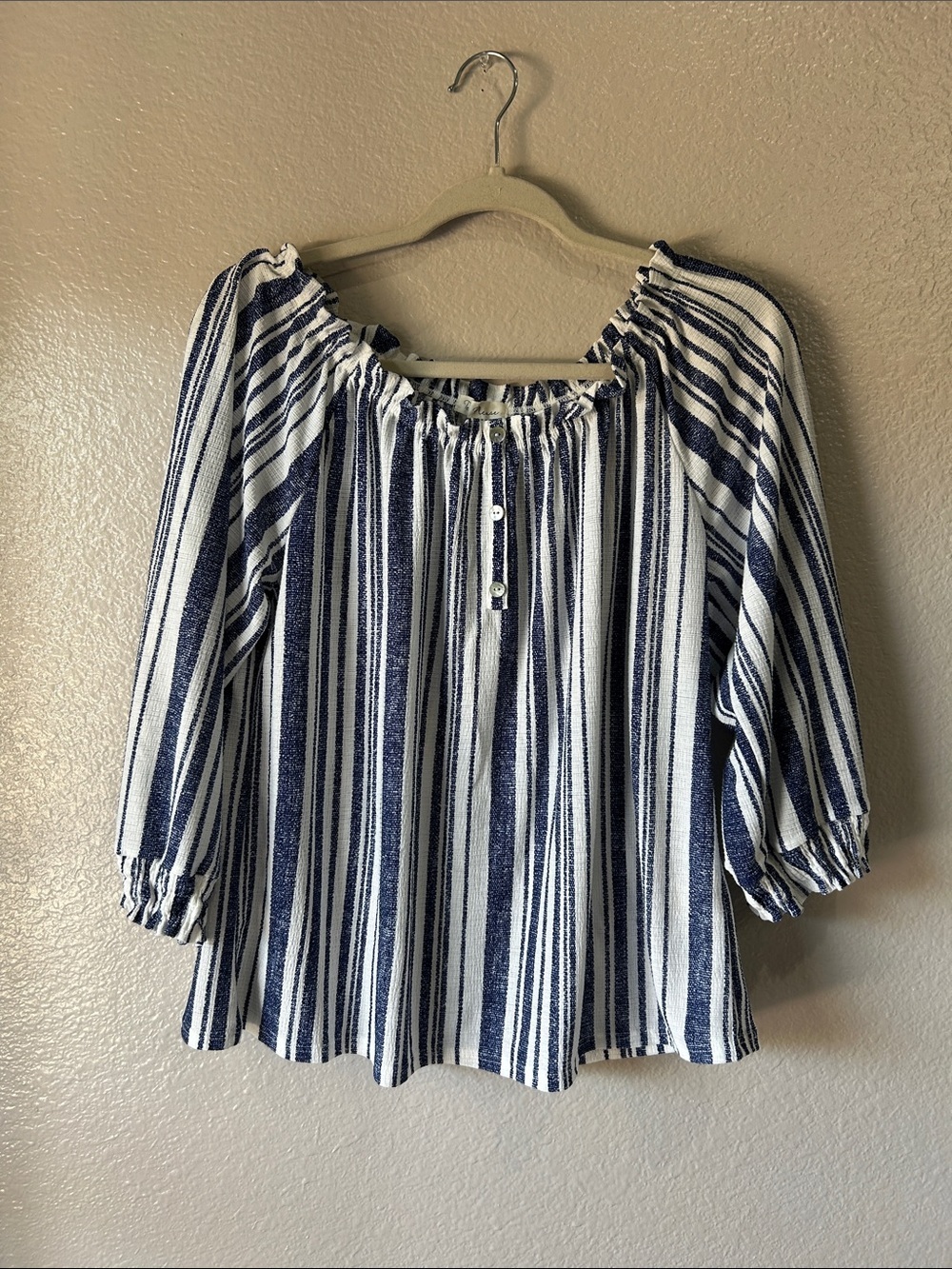 Tea Please Women's Off Shoulder Navy White Striped Peasant Blouse Sz L TC0005